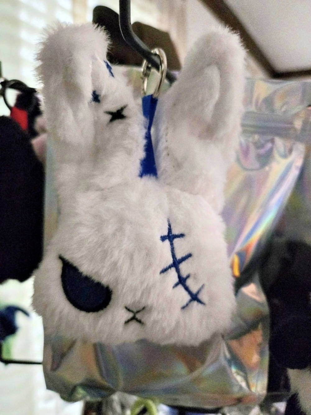Goth Stitched Bunny Plush Keychain Bag Charm White & Blue